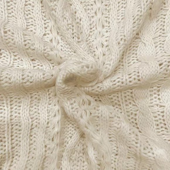 Women Pullover Sweater Large Apricot-Cream Knit Cable Round Neck Long Sleeve - Picture 5 of 9